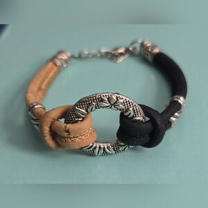 Black And Tan Leather Bracelet With Silver Hardware & Adjustable Closure